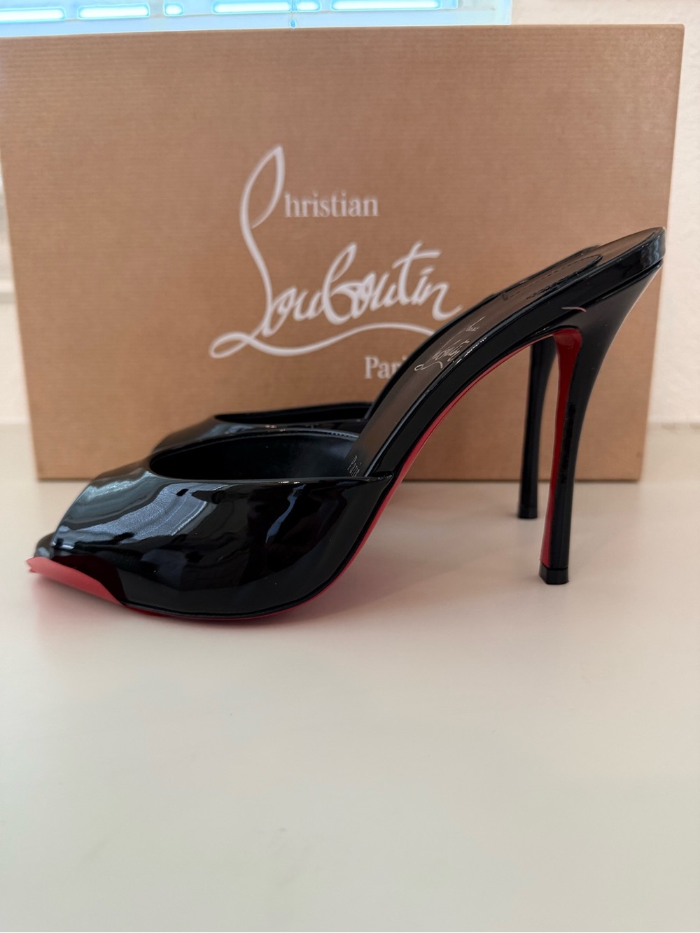 Christian Louboutin Black Patent Peep-Toe Mule with Red Sole and Stiletto Heel